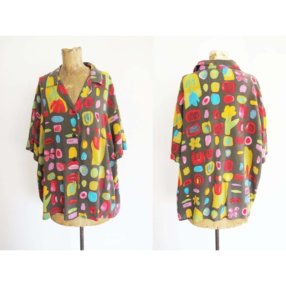 Vintage 90s Floral Shapes Button Up Shirt M L Oversized Baggy - Picture 2 of 5
